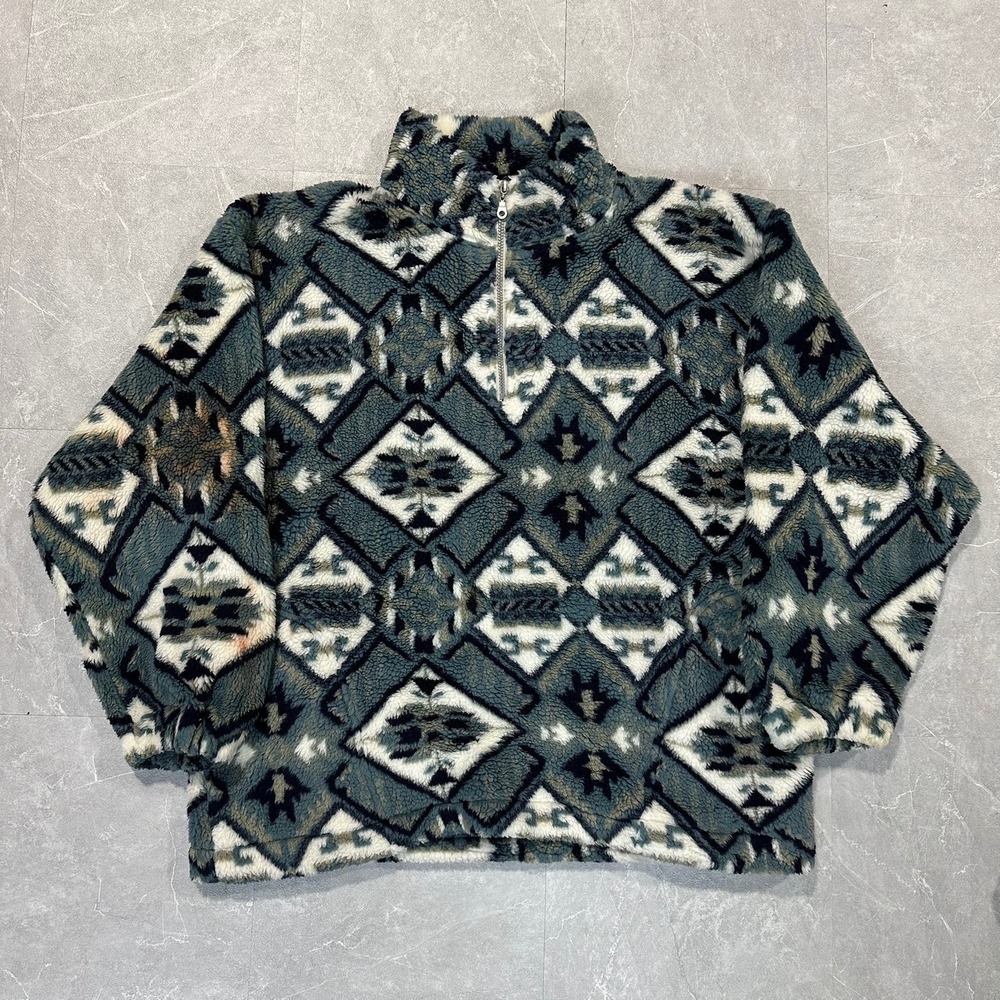 Arctica Outdoor Mens L Blue Geometric Tribal Sherpa Fleece Quarter Zip Pullover